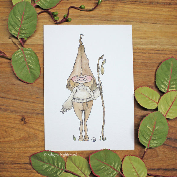 Original Watercolour - Brownie boy in Brown with a Staff