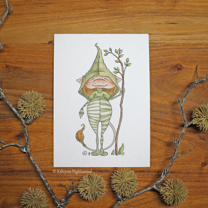 Original Watercolour - Brownie Boy in Green with a Branch Staff