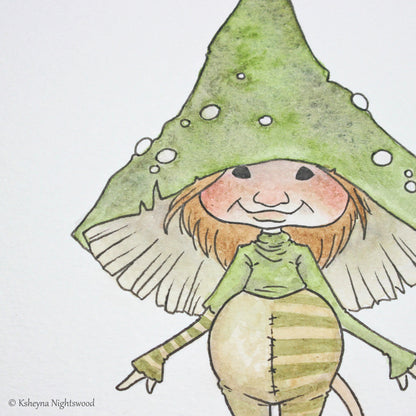 Original Watercolour - Green Mushroom Brownie Boy