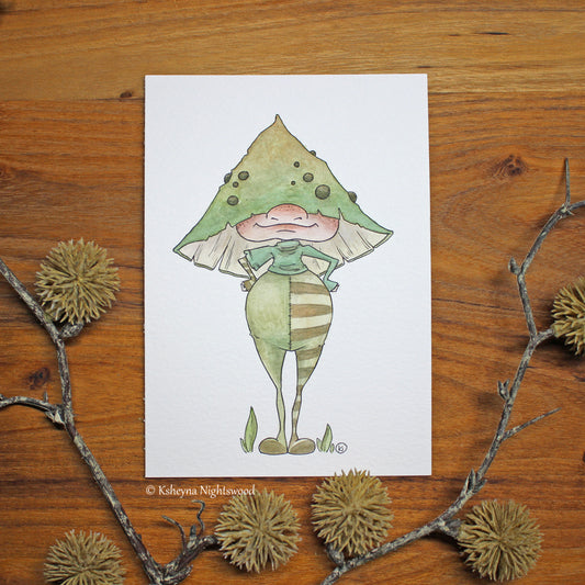 Original Watercolour - Green Mushroom Brownie Boy #2