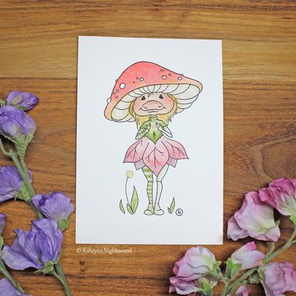 Original Watercolour - Mushroom Flower Brownie Girl